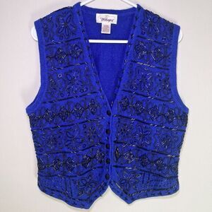 Vintage Womens Size Large Worthington Royal‎ Blue Beaded Vest Holiday Party 90s